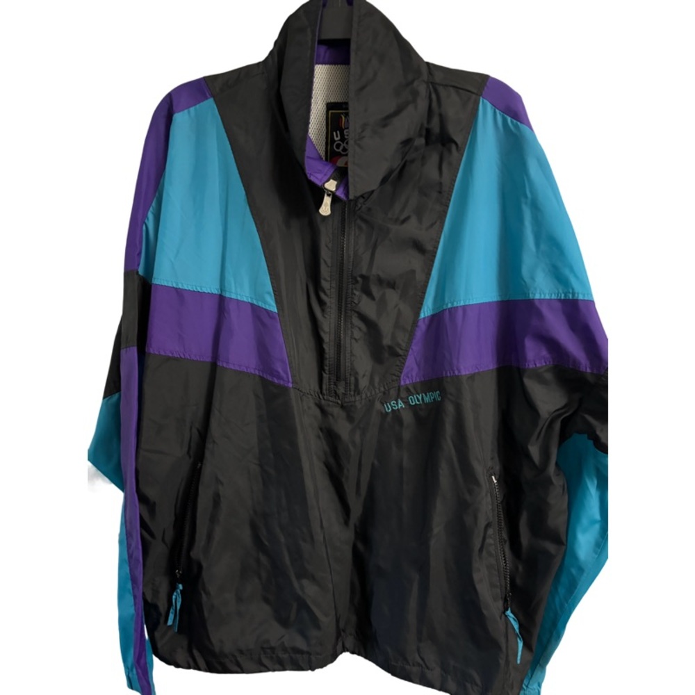 Vintage USA Olympic Windbreaker Jacket Black Blue Spell-out Men's Size X-Large